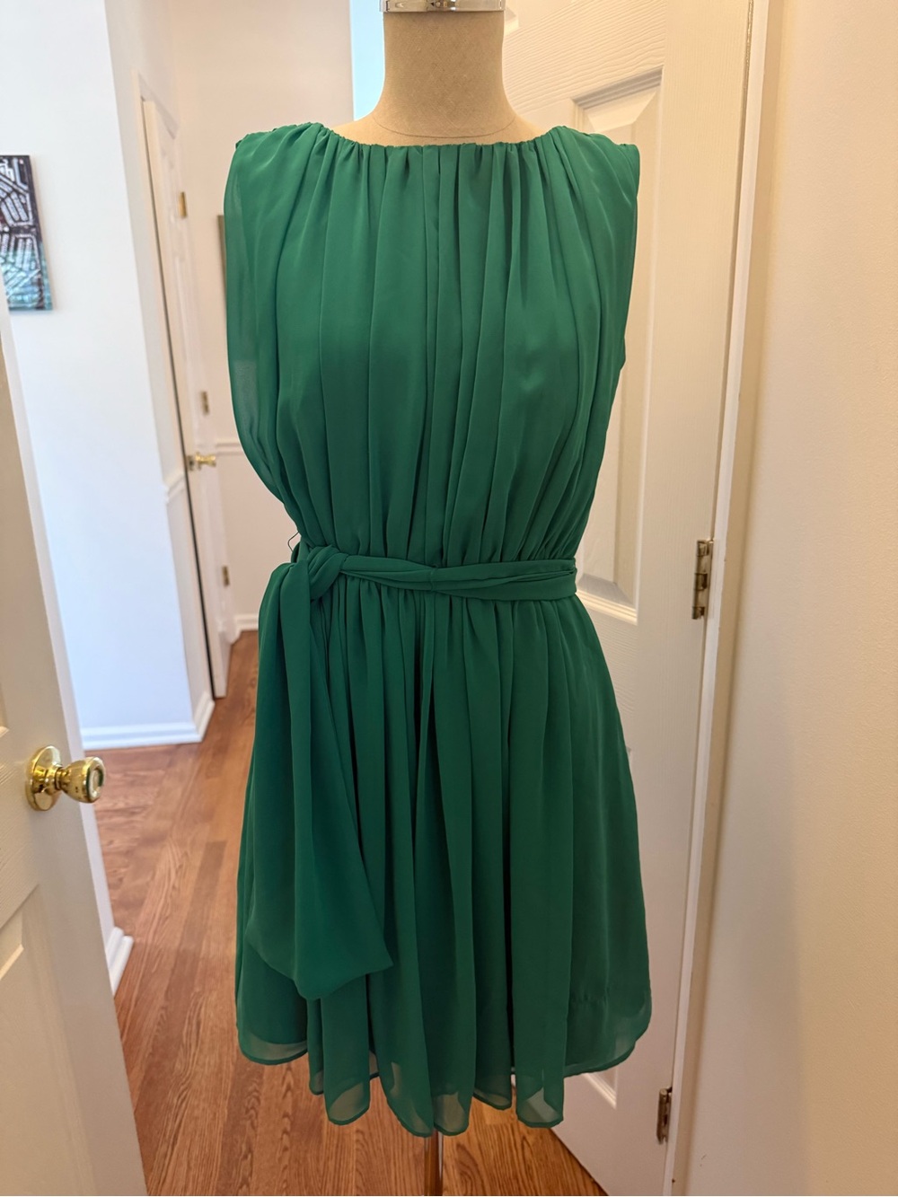 Calvin Klein Emerald Green Pleated Sleeveless Dress with Self Tie